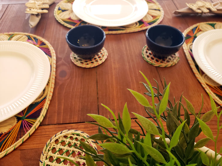 Oval Multicolored Iraca Palm Placemats with Coasters