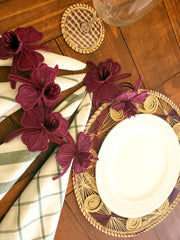 Iraca Palm Woven Round Burgandy and Natural Placemats with Coasters