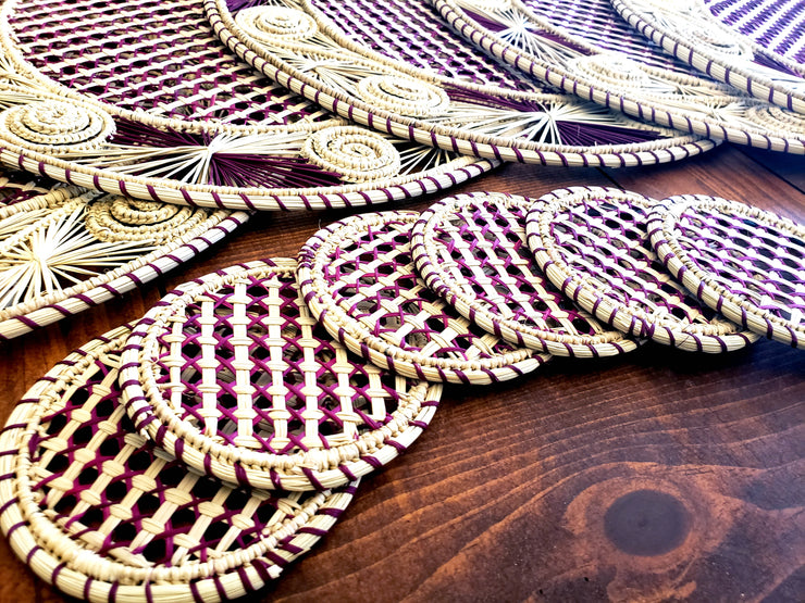 Iraca Palm Woven Round Burgandy and Natural Placemats with Coasters