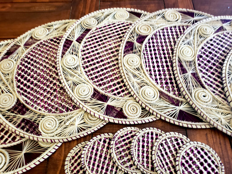 Iraca Palm Woven Round Burgandy and Natural Placemats with Coasters Wholesale