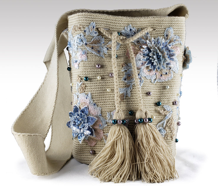 La Azulada - Wayuu Mochila with pearls, embroidered and sequins accents