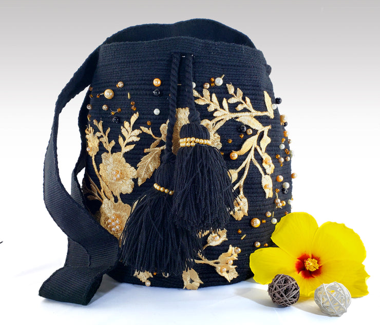 La Negra - Black Wayuu Mochila with pearl and embroidered accents