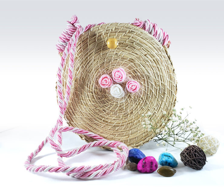 Pastel - Iraca Palm Authentic Handmade Round Handbag with rose accents