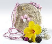 Pastel - Iraca Palm Authentic Handmade Round Handbag with rose accents Wholesale