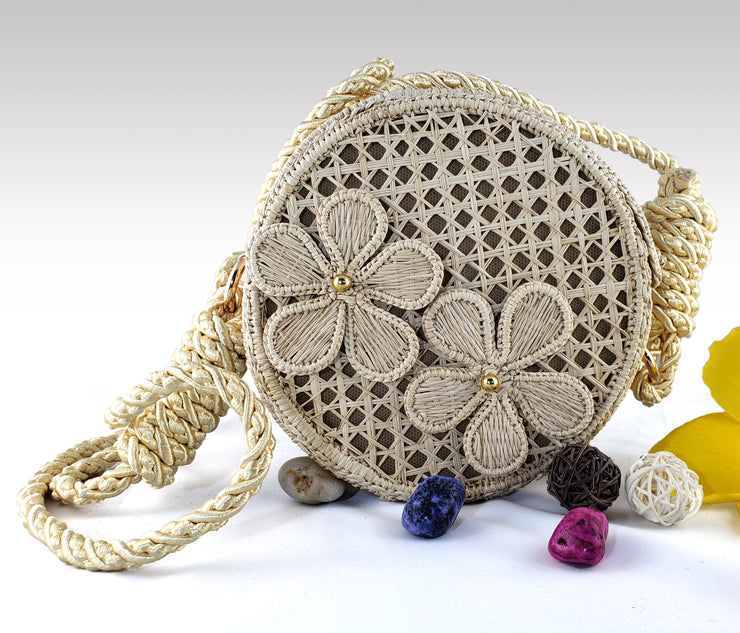 Margarita - Iraca Palm Authentic Handmade Round Handbag with flower accents