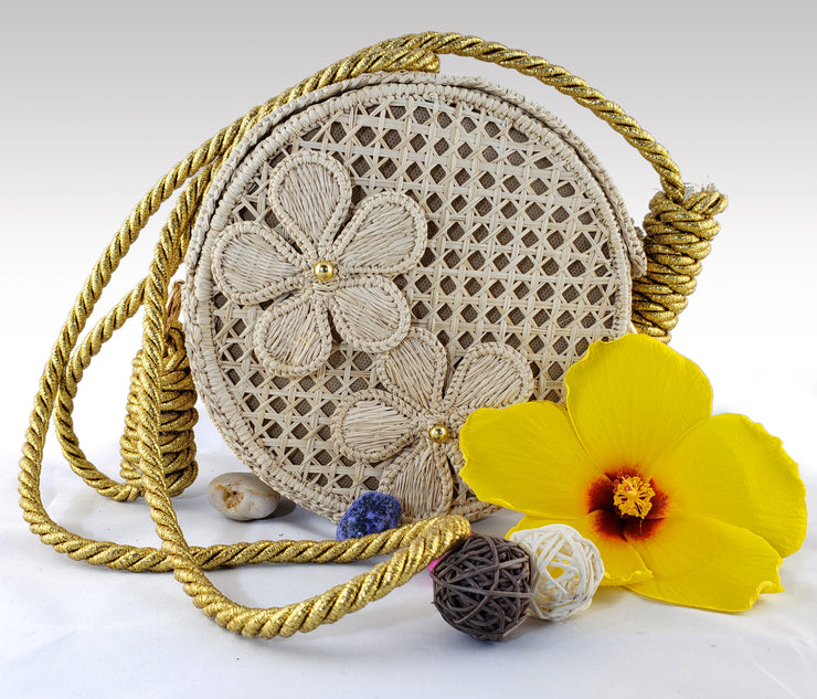 Margarita - Iraca Palm Authentic Handmade Round Handbag with flower accents